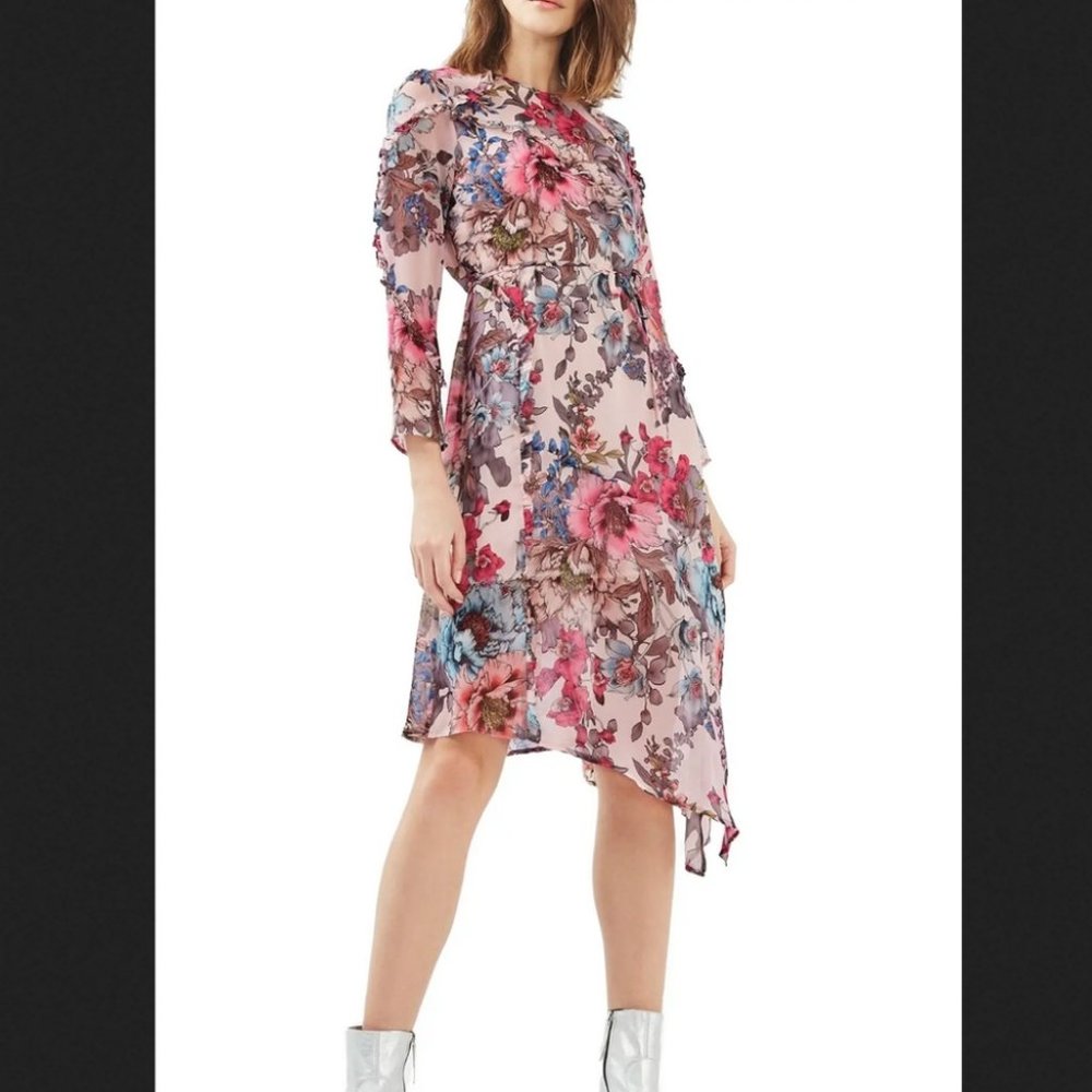 Women's Topshop Pop Floral Ruffle Midi Dress Size 2